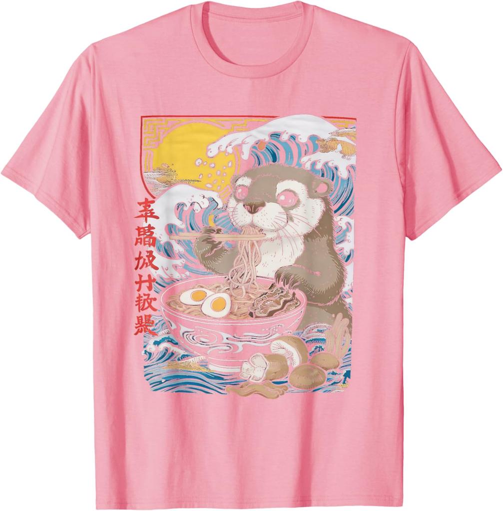 Otter Eating Ramen Graphic Tee Cute Japanese Wave Anime Style TShirt Casual Comfort