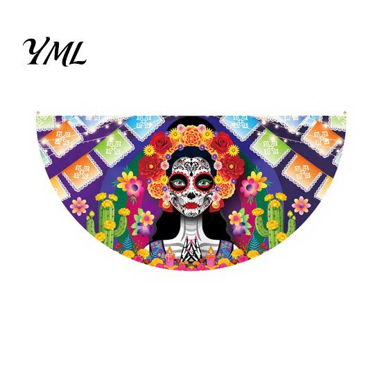Durable Polyester Bunting Day of The Dead Skull Banner, Marigold Print Fiesta Decorative Wall Hanging Flag, Colorful Sugar Outdoor Yard Party