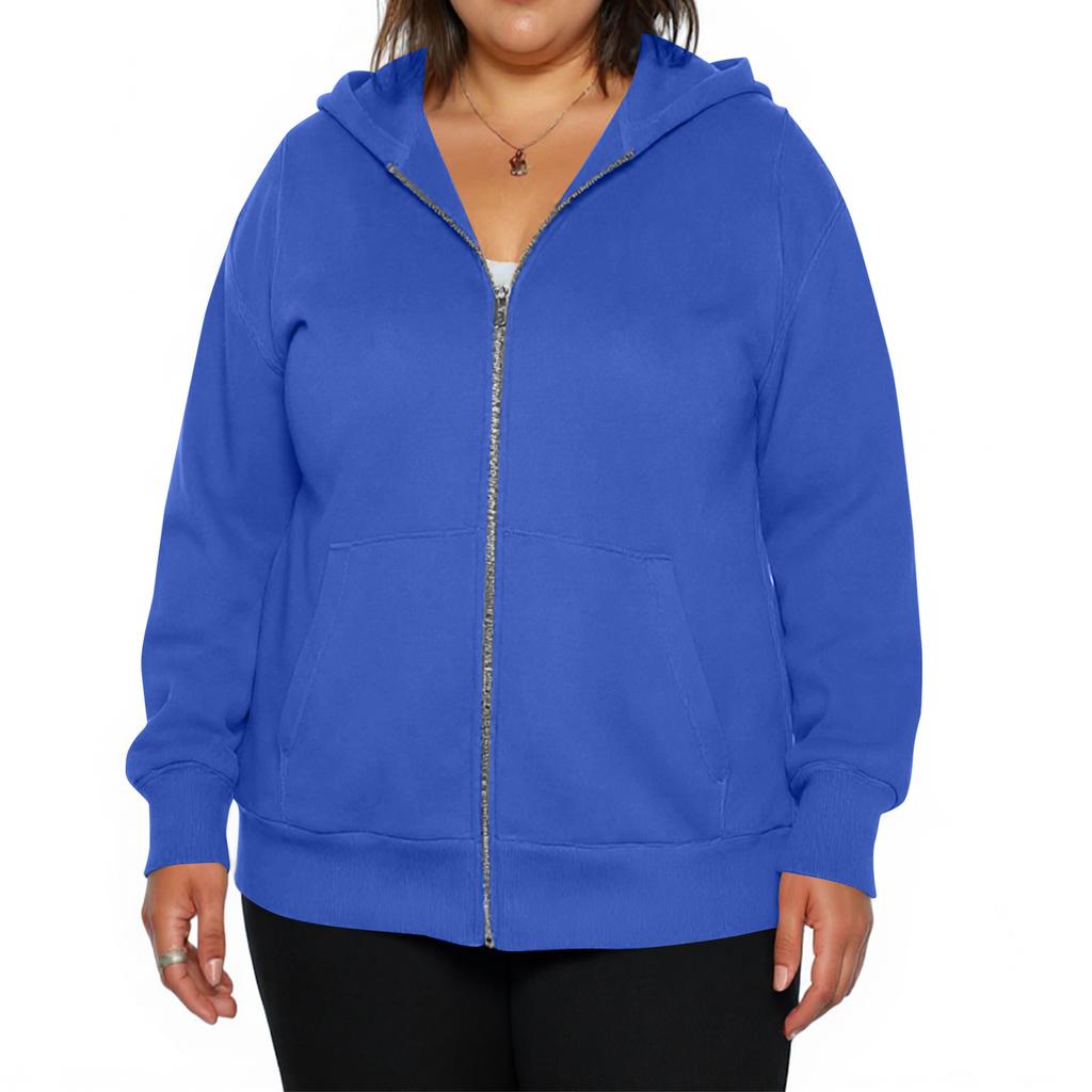 Dámská módní ležérní plus size bunda s dlouhým rukávem na zip jednobarevná s kapucí