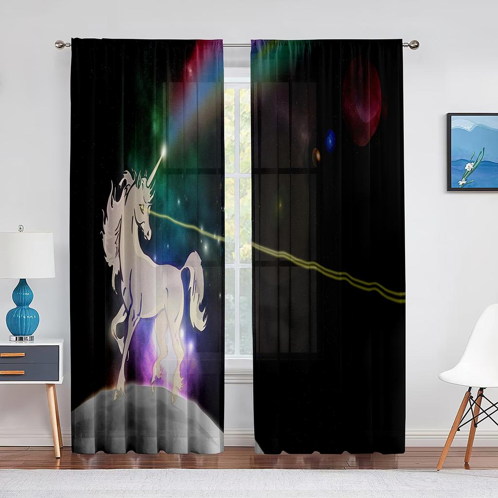 Colorful Unicorn Rainbow Print Pattern Sheer Voile Curtains for Bedroom Living Room Kitchen Decor Chiffon Tulle Windows Curtain