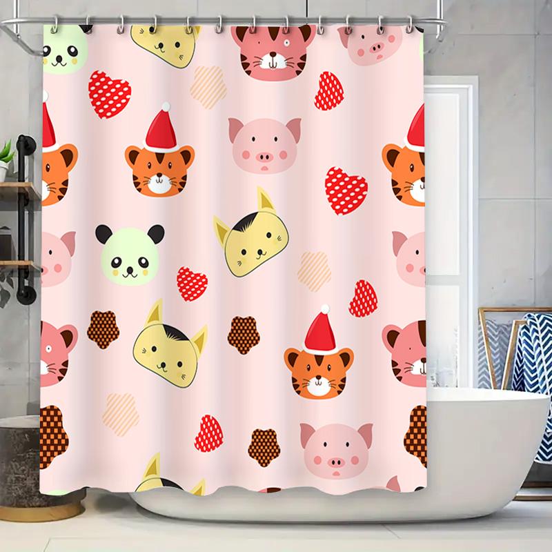 

Animal Print Shower Curtain Cartoon Animal Design For Bathroom Decoration Pink Color With Santa Hats High-Quality Waterproof Fab W60H190(CM)-1 Pcs