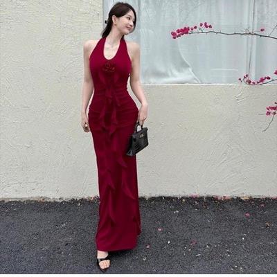 French Red Halter Neck Backless Summer Dress for Women - Elegant, Waist-Cinched, Sexy Long Dress