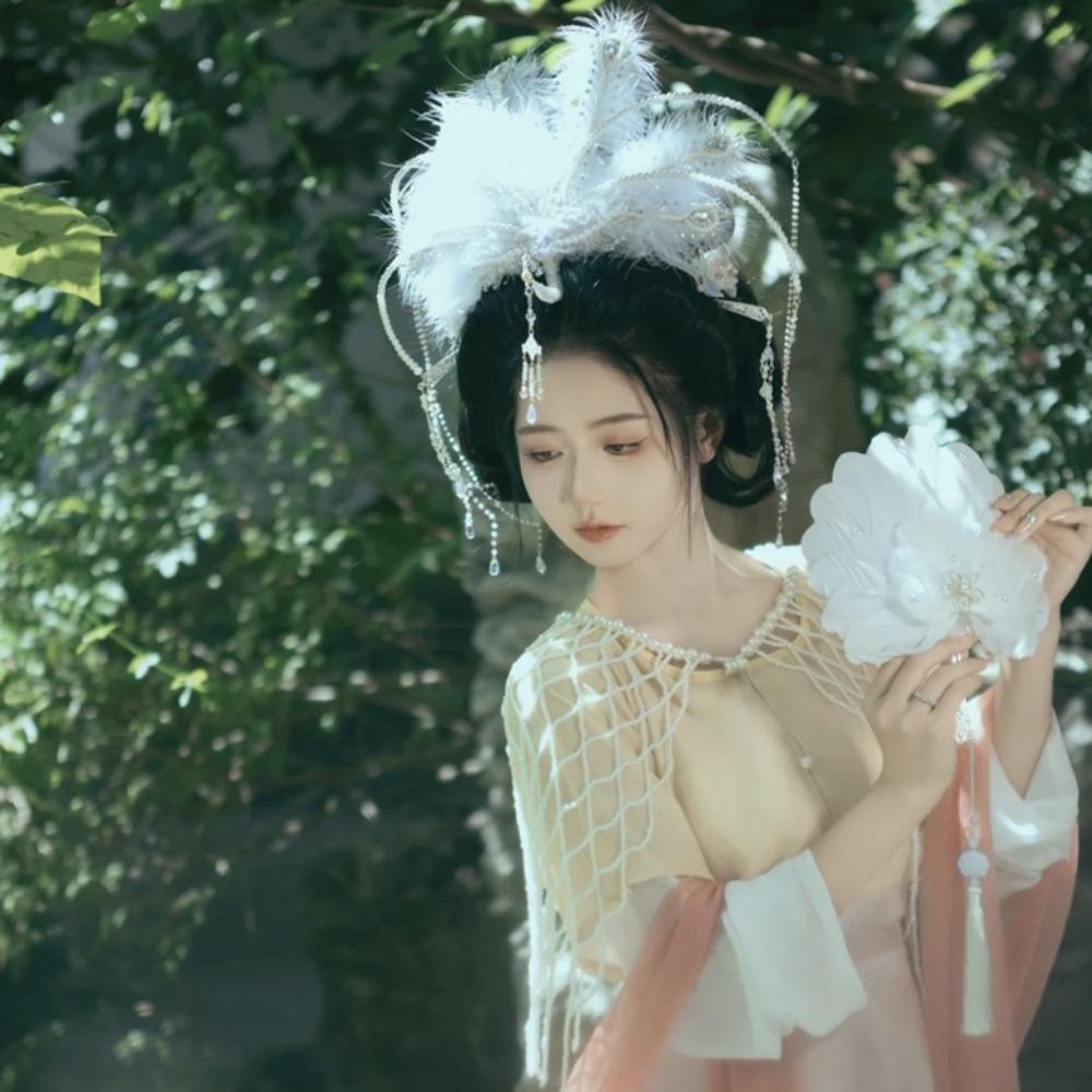 Vintage Chinese Hanfu Hair Crown Jewelry Peri Feather Tiara Rhinestone Phoenix Coronet  Party