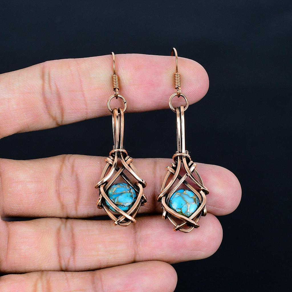 Copper Blue Turquoise Jewelry Handmade Gemstone Earrings, 999 Copper Wire Wrapped Earrings Antique Jewelry, For Engagement Gift