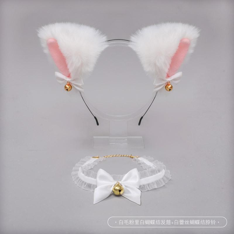 A handmade Lolita accessory fox ears cat ears headband lace bow bell collar set