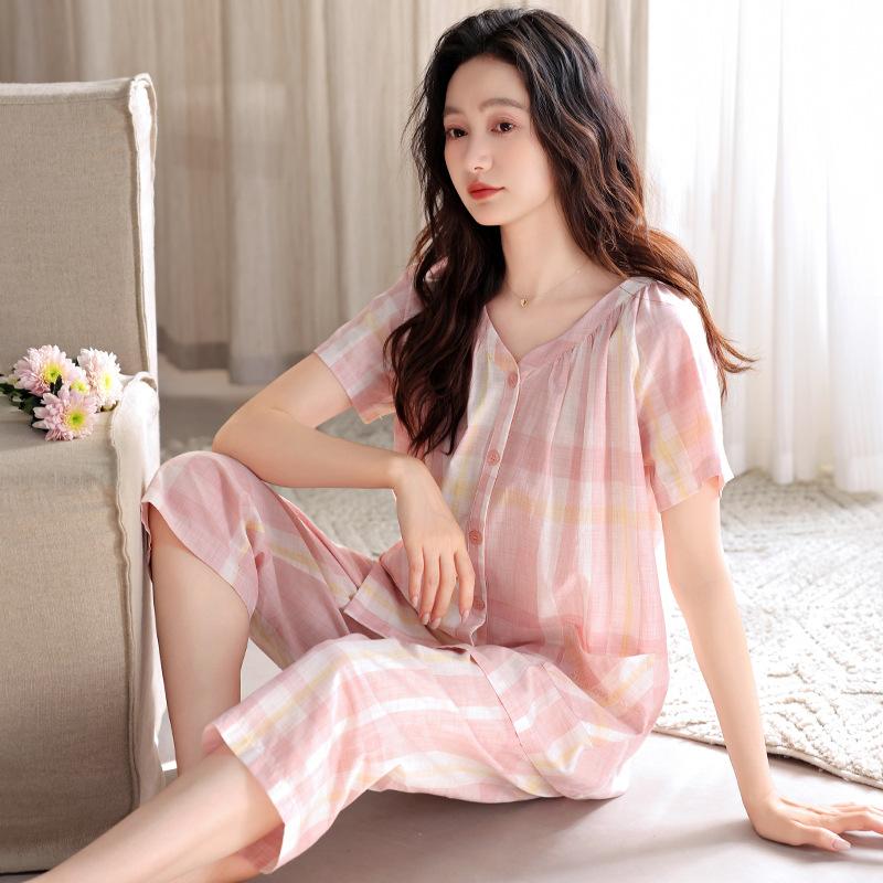 Woven cotton gauze pajamas women's summer pure cotton cropped pants autumn cotton large size summer thin loungewear