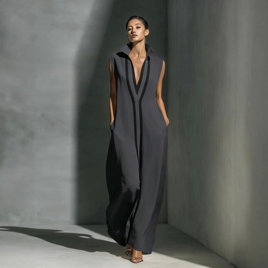 Women's Contrast Striped Sleeveless Stand Collar Deep V Neck Linen Blend Straight Maxi Dress Casual Long Dress