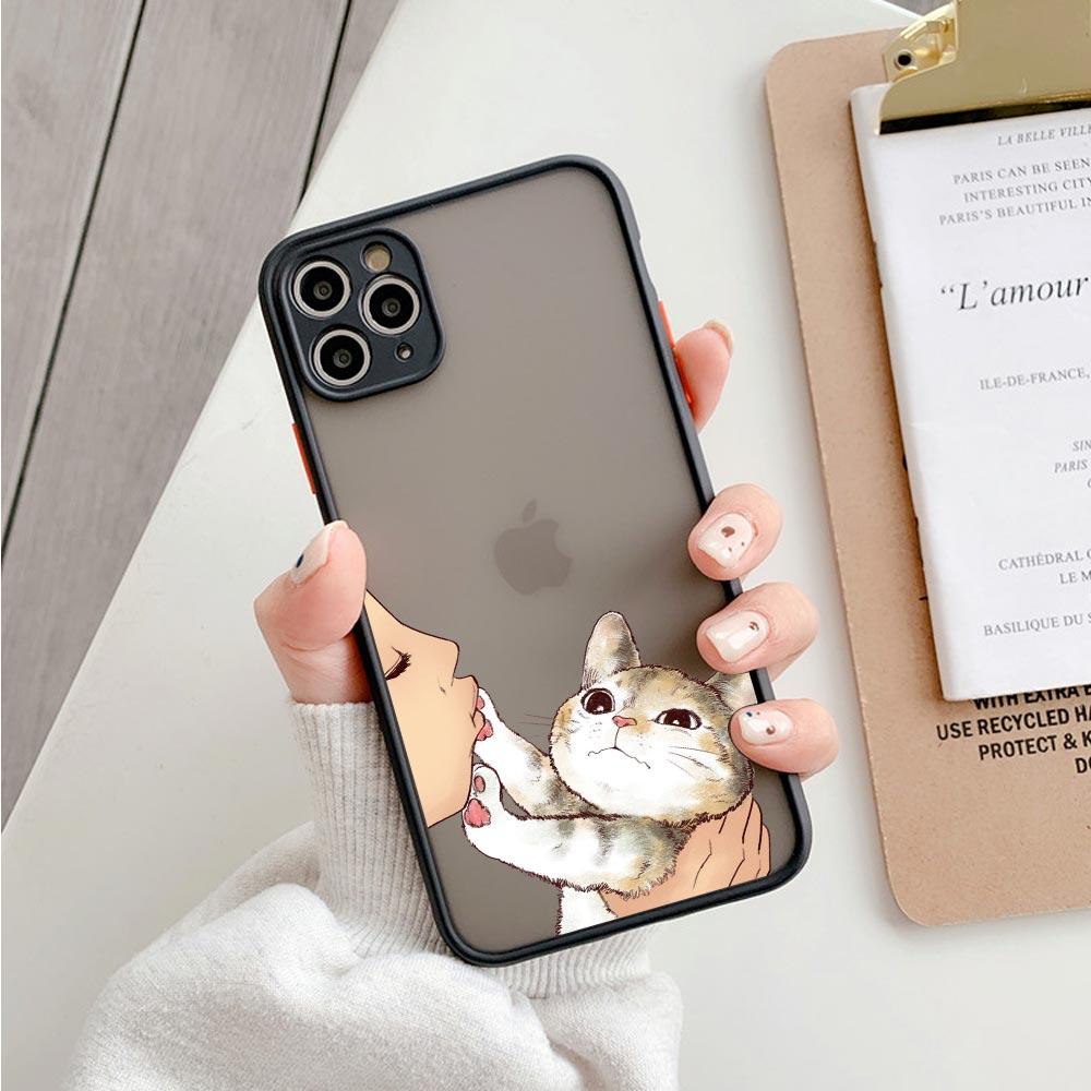 Cute Shockproof Translucent Matte Phone Case For Iphone 11 12 13 Pro Max Mini 7 Plus XR X S Cover Lovely Cat Kiss Refuse To Kiss