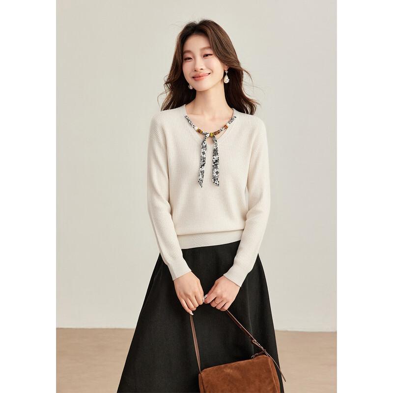 Elegant V-Neck Wool Blend Knit Top with Scarf Ribbon Detail