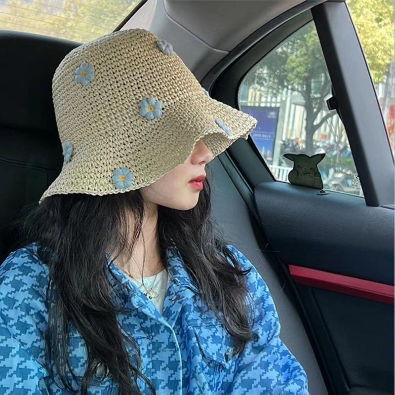 Sweet and Cute Blue Flower Straw Hat Female Big Eaves Seaside Sunshade Summer Beach Sunscreen Small Fresh Bucket Hat Tide