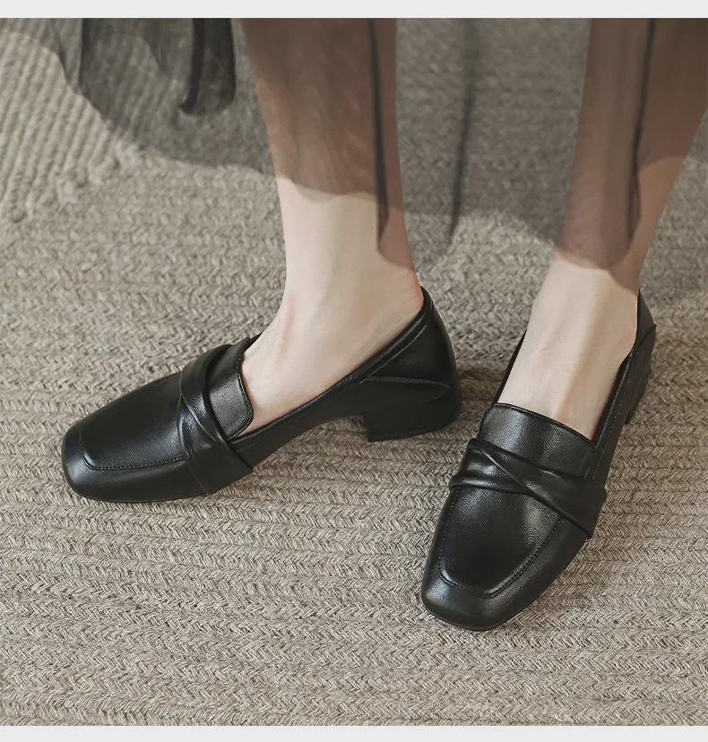 ZHR Women's Thick Heel Square Toe Loafers - Summer 2023 British Style Slip-on Leather Shoes