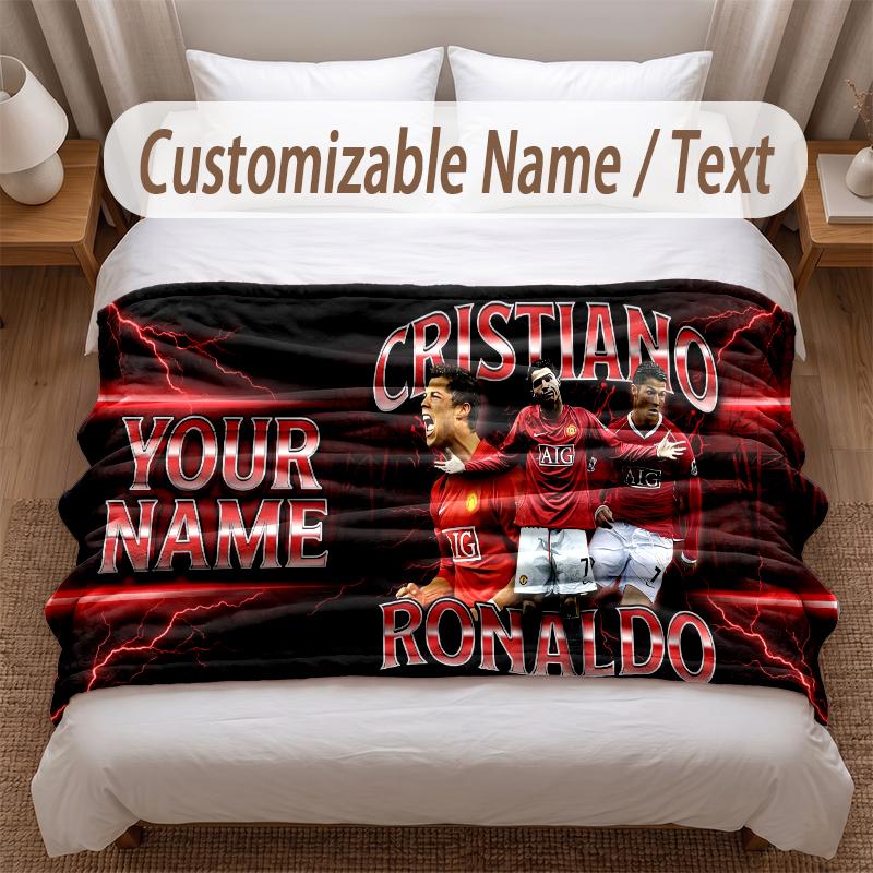 Cristiano Ronaldo Printed Flannel Blanket Custom Name Text Soft Warm Throw For Bedroom Holiday Gift