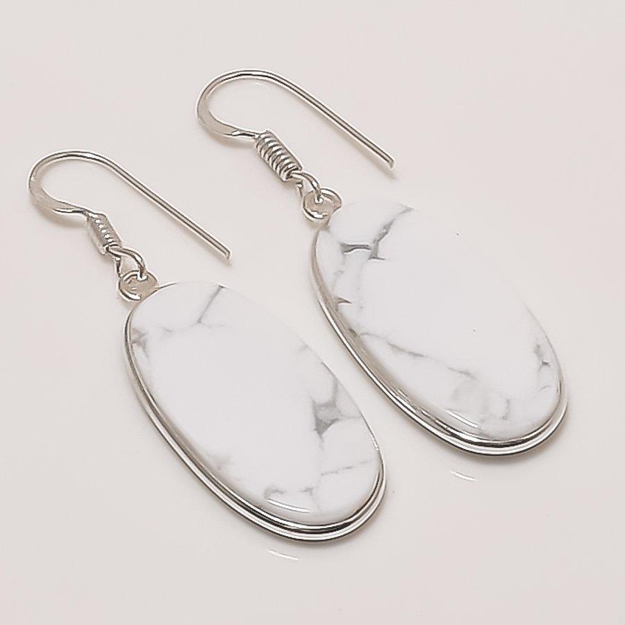 Natürlicher Howlith Jaspis Edelstein Handgefertigter 925 Sterling Silber Ohrring 1,85" AE-11494