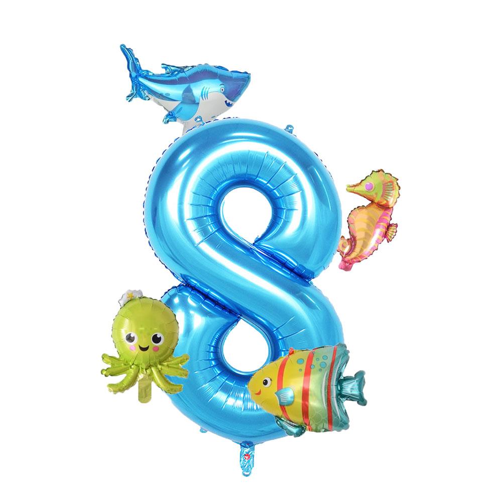 5pcs Mini Sea Animals Balloons Set 40inch Blue Number 0-9 Balloon Octopus Seahorse Fish Foil Balloons Birthday Party Decoration