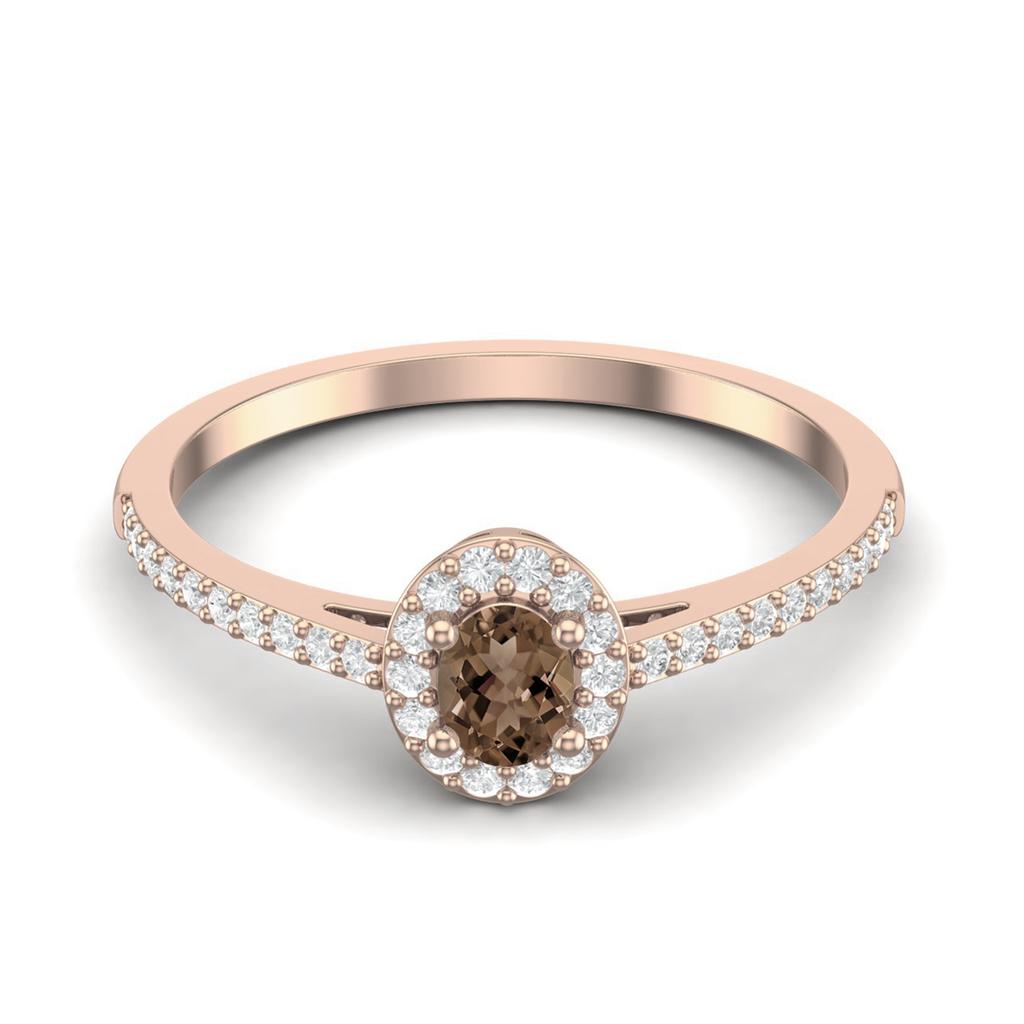 925 Sterling Silver Rose Vermeil 0.50 Ctw Oval Smoky Quartz Solitaire Accents Women Wedding Ring