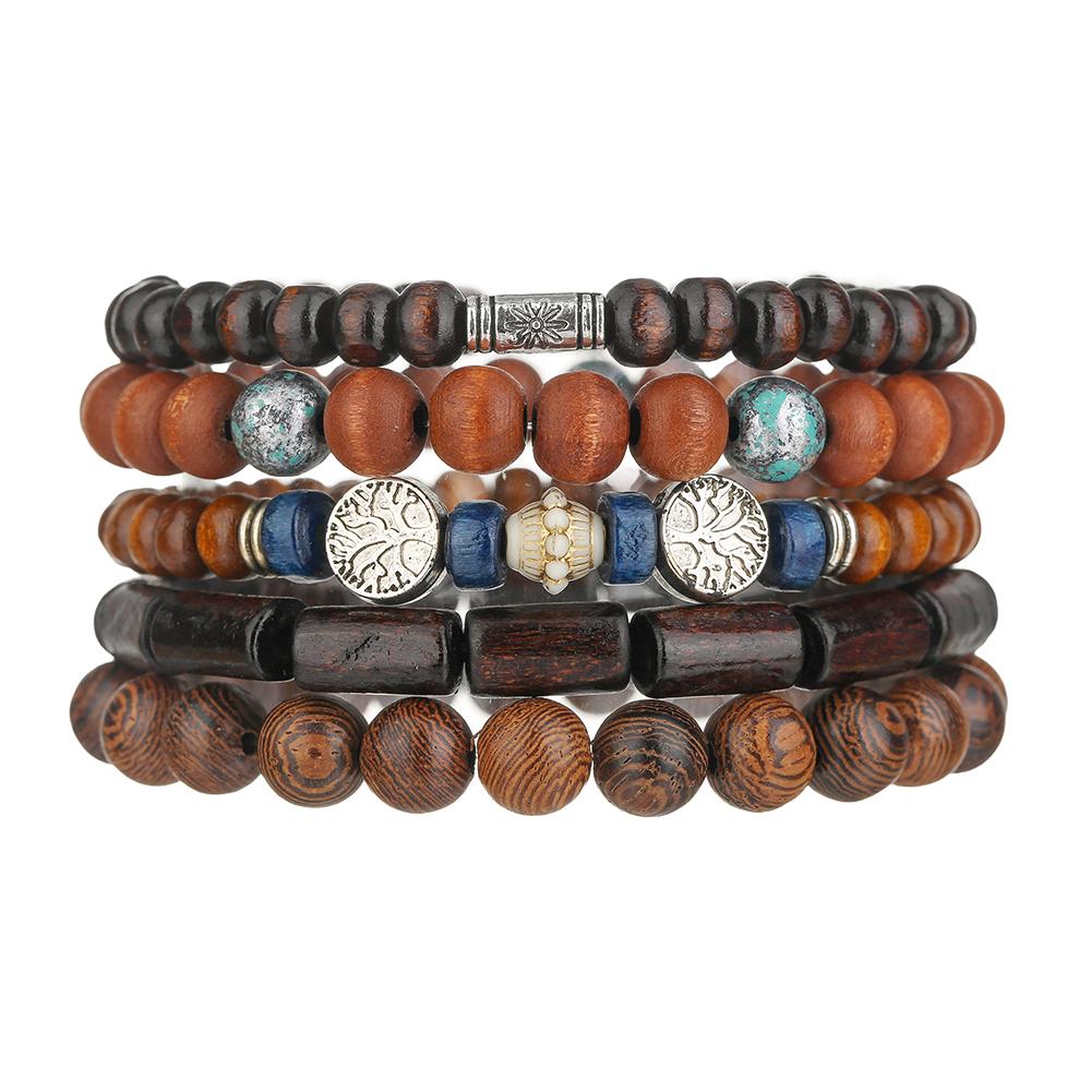 Best-selling Multi-layer Buddha Wood Bead Bracelets Sets Men's Retro Style Multi-layer Elastic Thread Adjustable Wooden Bracelet
