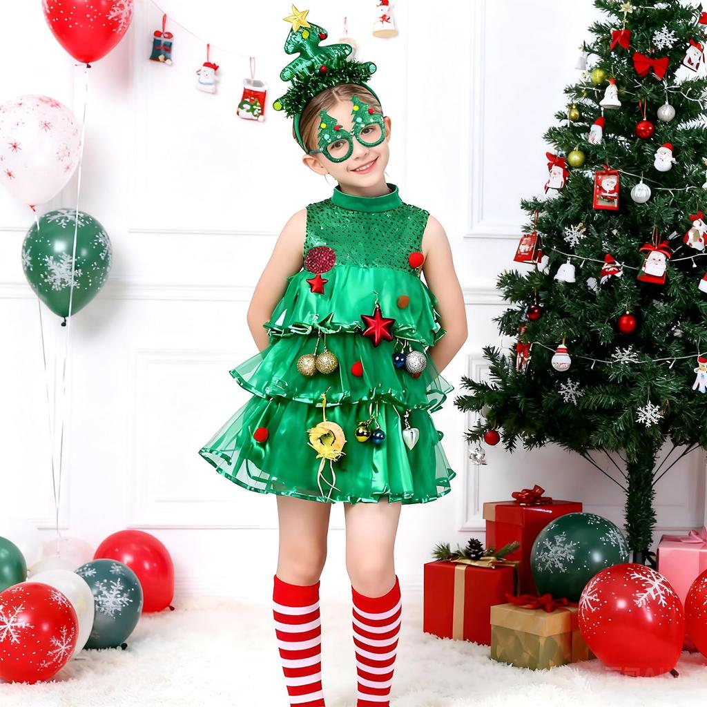 TUAHOUS Christmas Tree Cosplay and Set for Santa Perfect for and Photoshoots Dress, Headband, Socks, Glasses, 4-Piece Girls, Costume, Events, Parties,