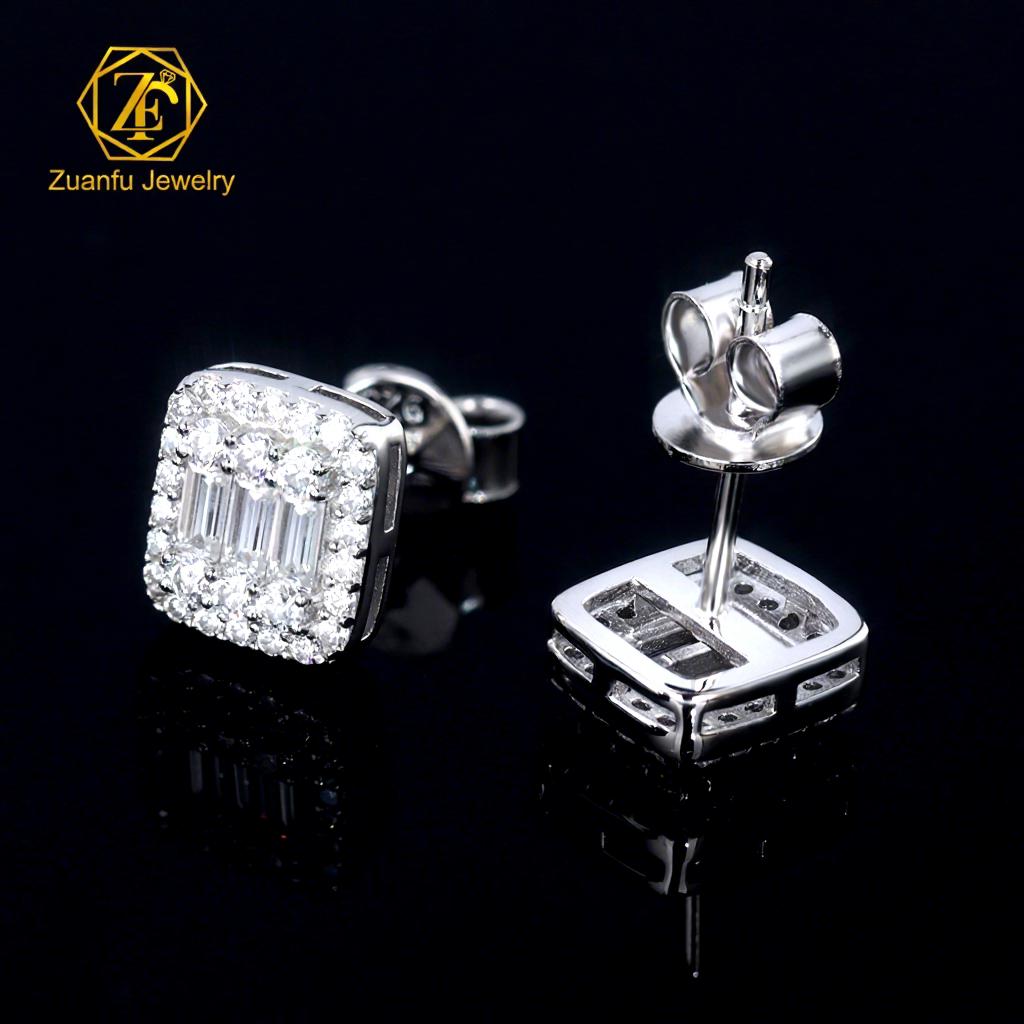 Women Luxury Gold Plated 925 Sterling Silver Iced Out Baguette VVS Moissanite Halo Stud Earrings for Men Hip Hop Diamond Studs