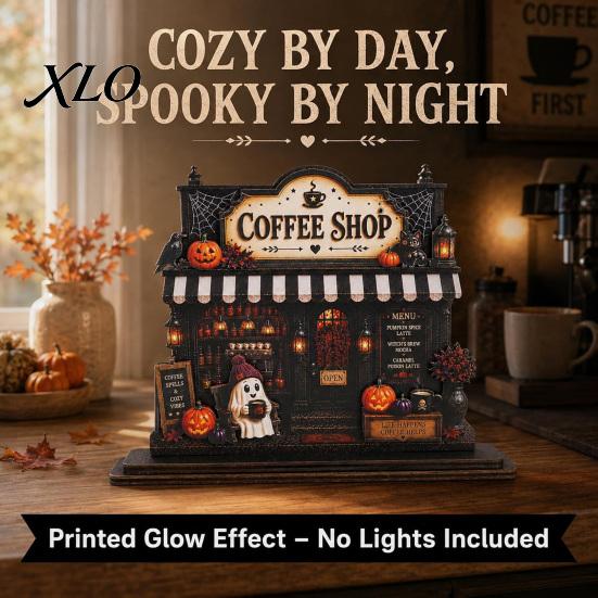 Autumn Seasonal Home Decor Wooden Halloween Coffee Bar Sign, Fall Harvest Tabletop Plaque with Pumpkin Accessories for Ghost Cat, Retro Shop Ornament