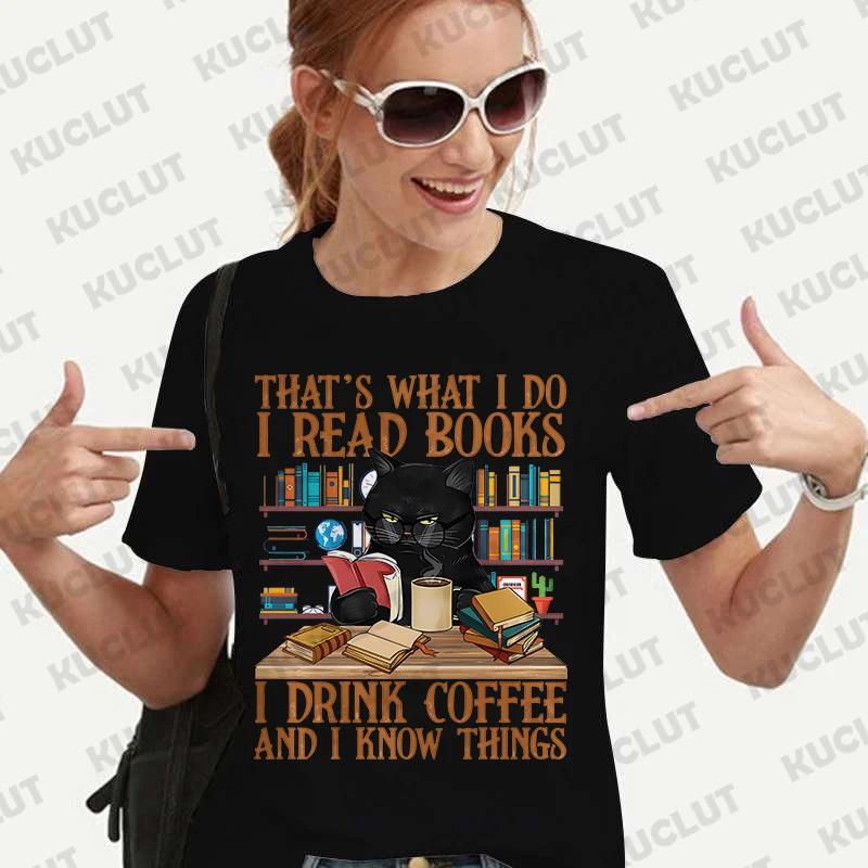 Hemden für Unisex-Kleidung Niedliche Katze Buch Shirt Das ist, was ich tue Ich lese Bücher Ich trinke Kaffee Grafik-T-Shirts Buchliebhaber T-Shirts Oberteile