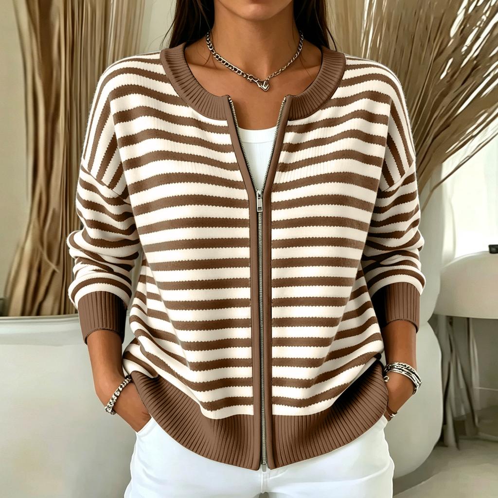 Women's Casual Striped Knit Zip-Up Cardigan