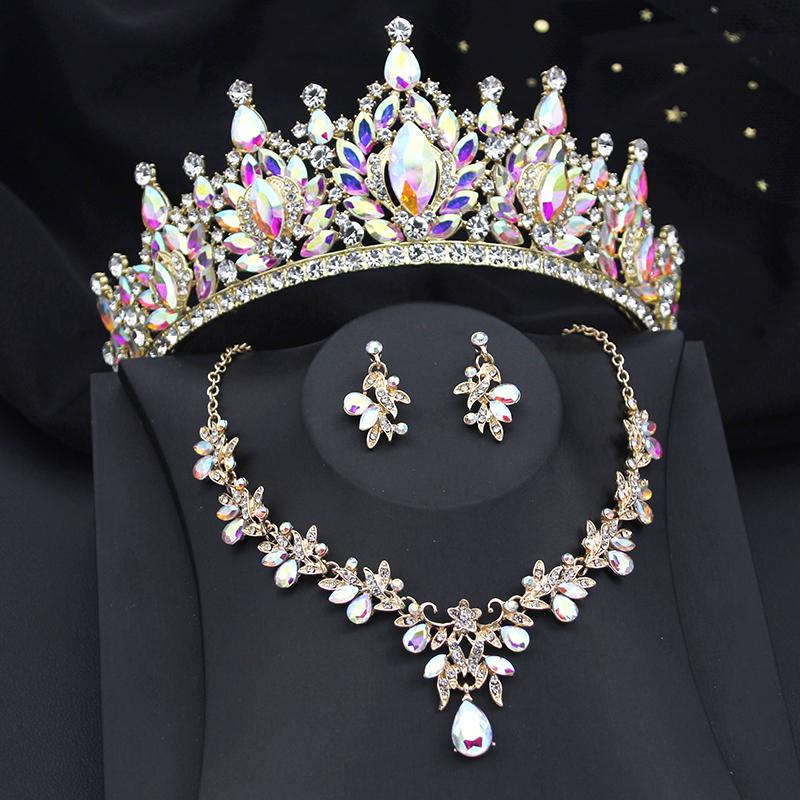 Luxury AB Crystal Water Drop Bridal Jewelry Sets and Tiaras Crown Necklace Earrings Wedding Dress Jewelry Set Accessories