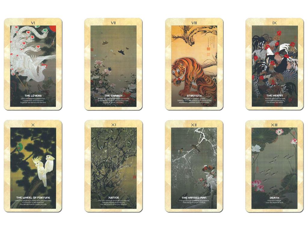 Nichiyu Tarot Waite Fortune Telling Jakuchu Tarot Major Arcana Cards Includes Japanese Commentary and powerful tarot featuring flower and bird Cards,