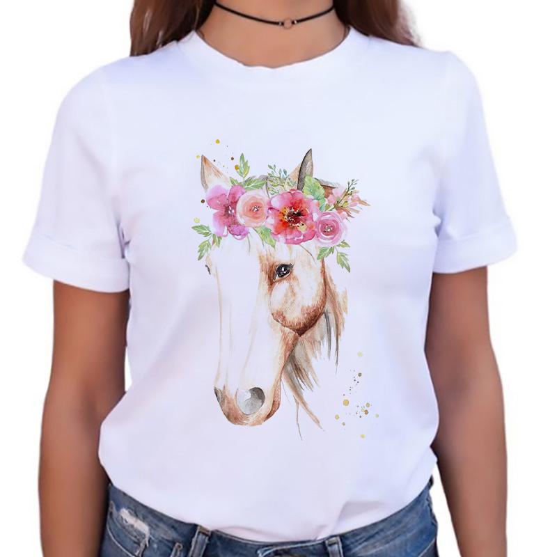 Womens Tshirt Stylish O-Neck Short Sleeve Cartoon Horse Simple Female Tee Tshirts Summer Clothes White Tops 90S Female T Shirt