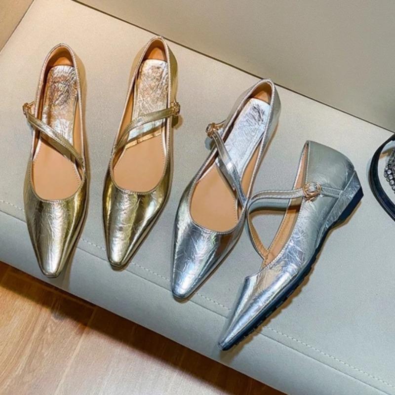 Fashion French Silver Strap Mary Jane Shoes Women's 2025 New Soft Leather Wedge Pointed Toe Shoes