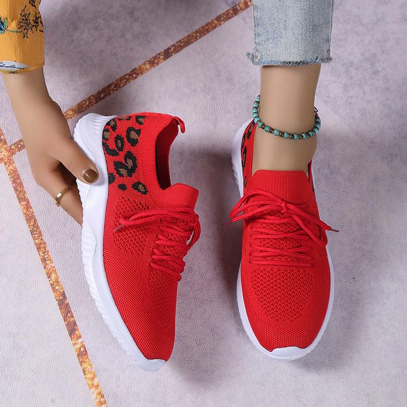 Plus Size Women's Leopard Print Flyknit Wedge Heel Casual Shoes - 2023 Spring/Autumn Collection