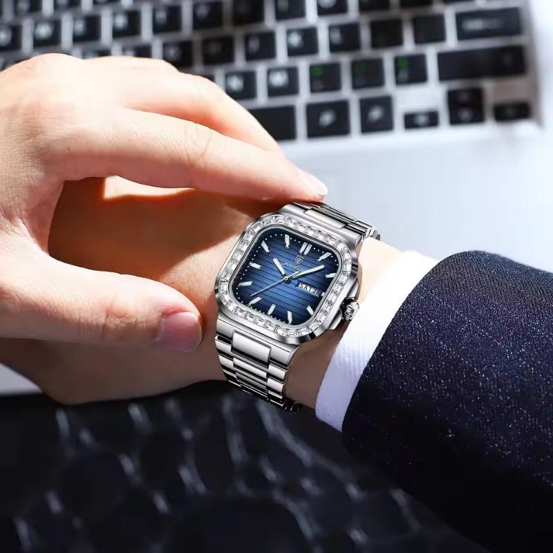 POEDAGAR Top Brand Luxury Watch for Men Waterproof Luminous Date Week Wristwatch Stainless Steel Square Quartz Watches