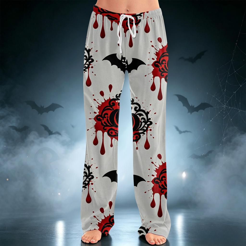 Women's Halloween Printed Drawstring Wide Leg Pants for Casual Sleepwear