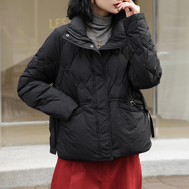 

Пуховик женский зимний короткий стиль белый утиный пух теплая и модная куртка большой размер S чёрный