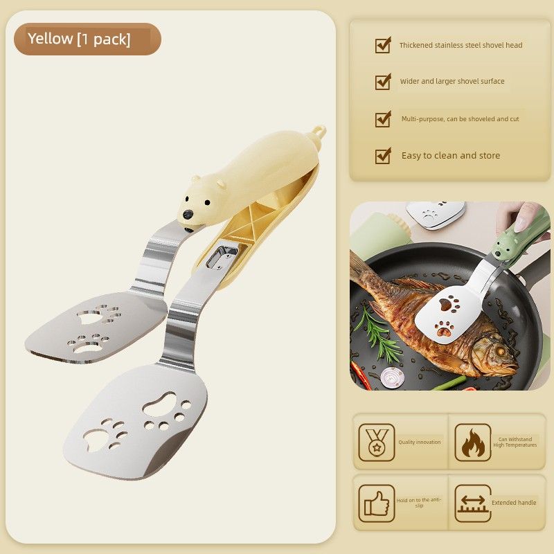 Stainless Steel Tongs, Frying Spatula, Non-Stick Pan, Multi-Functional Kitchen Spatula, Egg Frying, Pancake, Steak Food Tongs 2-in-1 Tongs and Spatula - Yellow - Single Pack