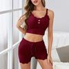 Women's 3 Piece Pajamas Set Ribbed Knit Lace Trim Cami Shorts And Pants
