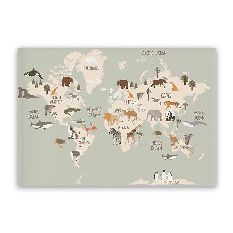 Poster de artă de perete pentru creșă, hartă a lumii animale, pictură pe pânză de desene animate pentru dormitor pentru copii, imagini scandinave, decor pentru cameră de copii