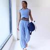 Womens Wide Leg Tracksuit Casual Solid Cross Top Elastic High Waist Pants 2 Piece Set