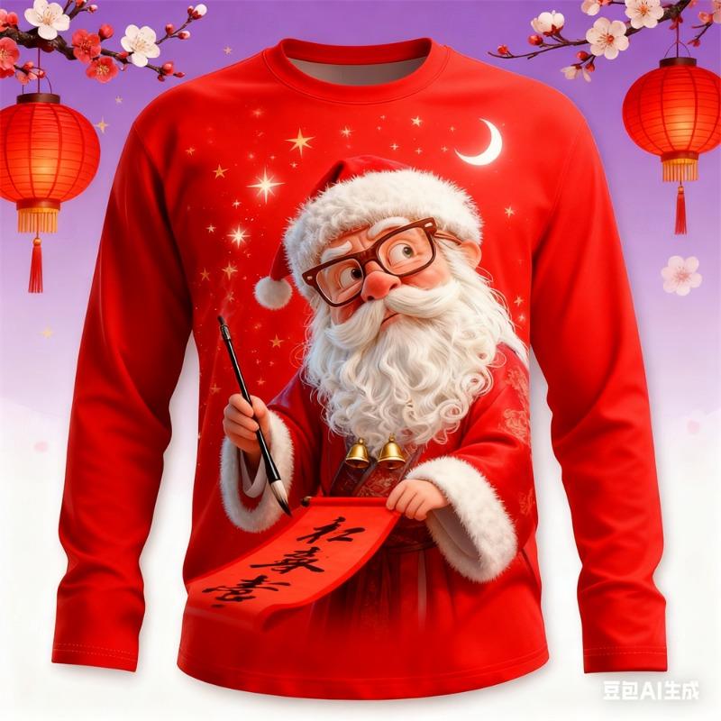 Christmas Men's long sleeved T-shirt Santa Claus pattern print t shirt for man New Year men's round neck T-shirt Men's clothing