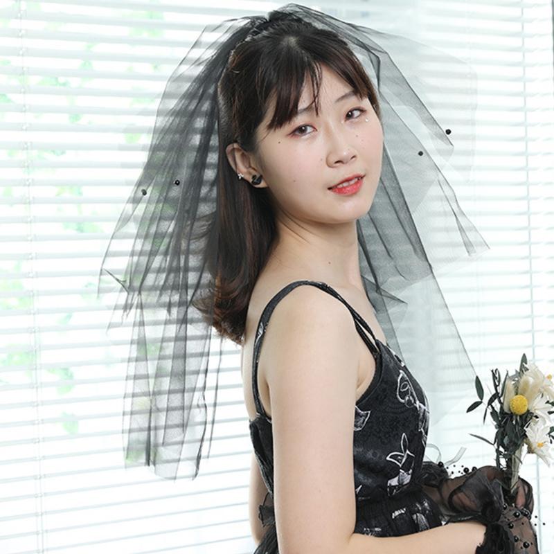 2 Layers Wedding Bridal Veil with Comb Beads Adornment Simple Cut Edge Short Shoulder Length Tulle Sheer Black Veils