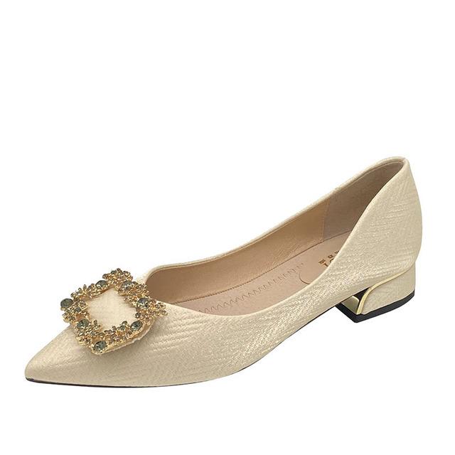 

2024 Новые повседневные женские туфли с острым носком, стразами, толстый каблук 4 см, модные металлические квадратные пряжки, женские туфли большого размера 38 бежевый
