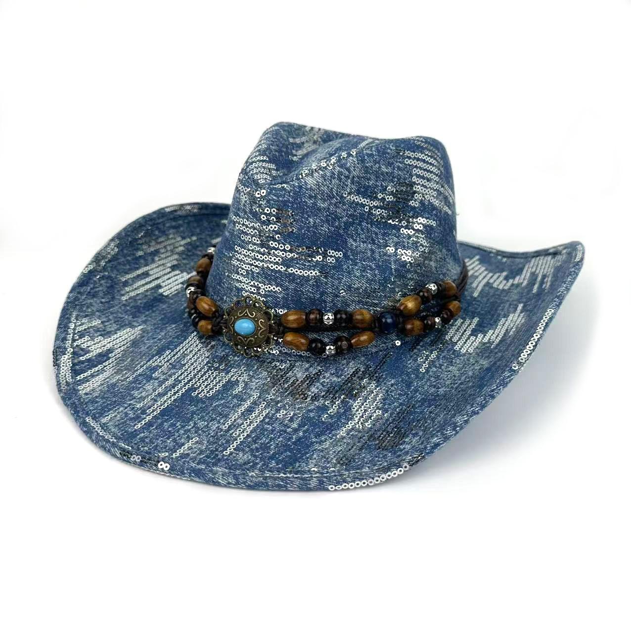 

Western Cowboy Hat Retro Wind Wood Beads Accessories Jazz Hat Men S And Women S Versatile Top Hat M（56-58cm） середній синього кольору