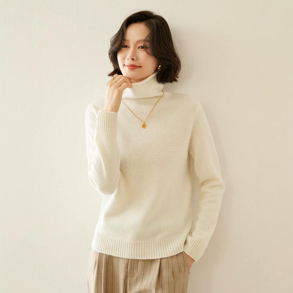 7-Gauge Double-Strand Ribbed Roll-Neck Women's Cashmere Sweater for Autumn/Winter