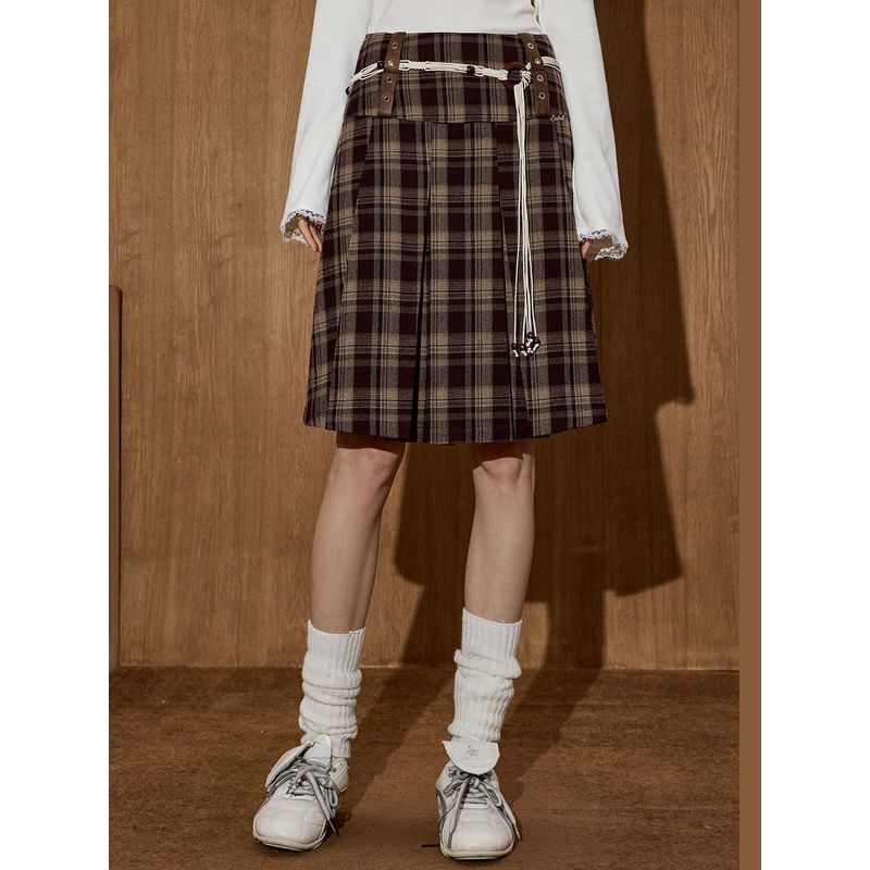 Coolhut2025 Autum Women's Pleated A-Line Skirt, Fashionable American Retro Loose and Versatile Plaid Skirt