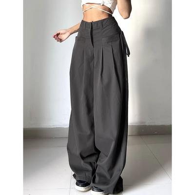 Shirring Casual Wide Leg Pants Women High Waist Street Basic Loose Sweat Trousers Korean Retro Gray Office Lady Pant