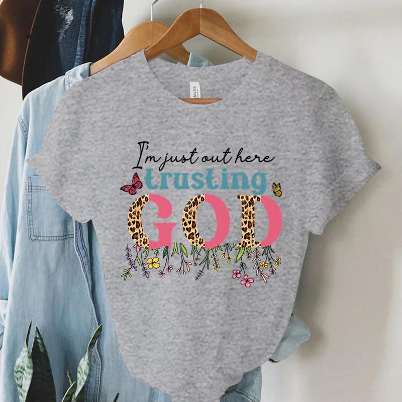 I'm Just Authere Trusting God Print T Shirt Vintage Christian T-Shirts Women Short Sleeve Faith Shirt Summer Religious Tshirt