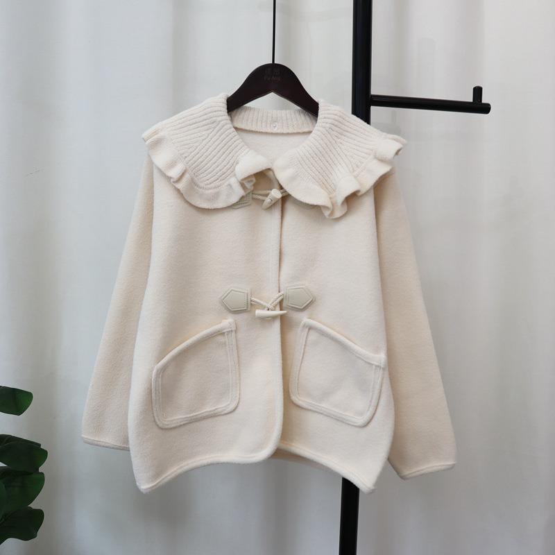 

Removable collar horn buckle sweater jacket women s 2025 autumn and winter new sweet doll collar knitted double-sided woolen cardigan one size fits all
