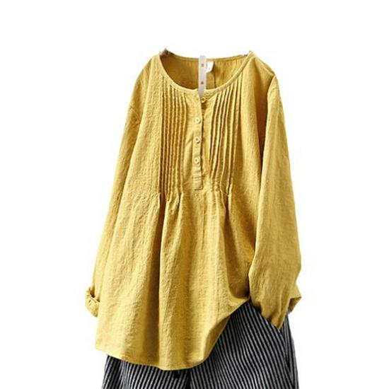 2025 Korean Style Loose Pleated Long-Sleeve Retro Cotton Linen Shirt for Women