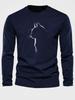 Men's Loose and Comfortable Sports and Leisure Cat Pattern Printed Round Neck Long Sleeved T-shirt Top