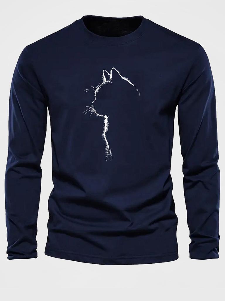 Men's Loose and Comfortable Sports and Leisure Cat Pattern Printed Round Neck Long Sleeved T-shirt Top