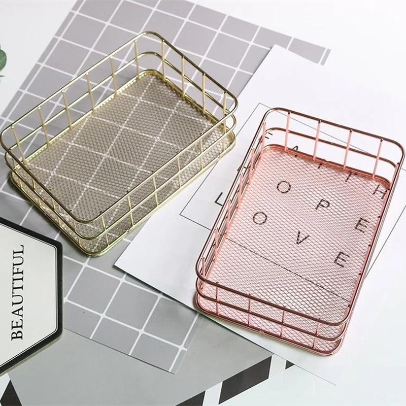Iron Storage Basket Nordic Jewelry Cosmetics Storage Box Golden Rose Gold Desktop Snack Basket Basket Family Storage Supplies